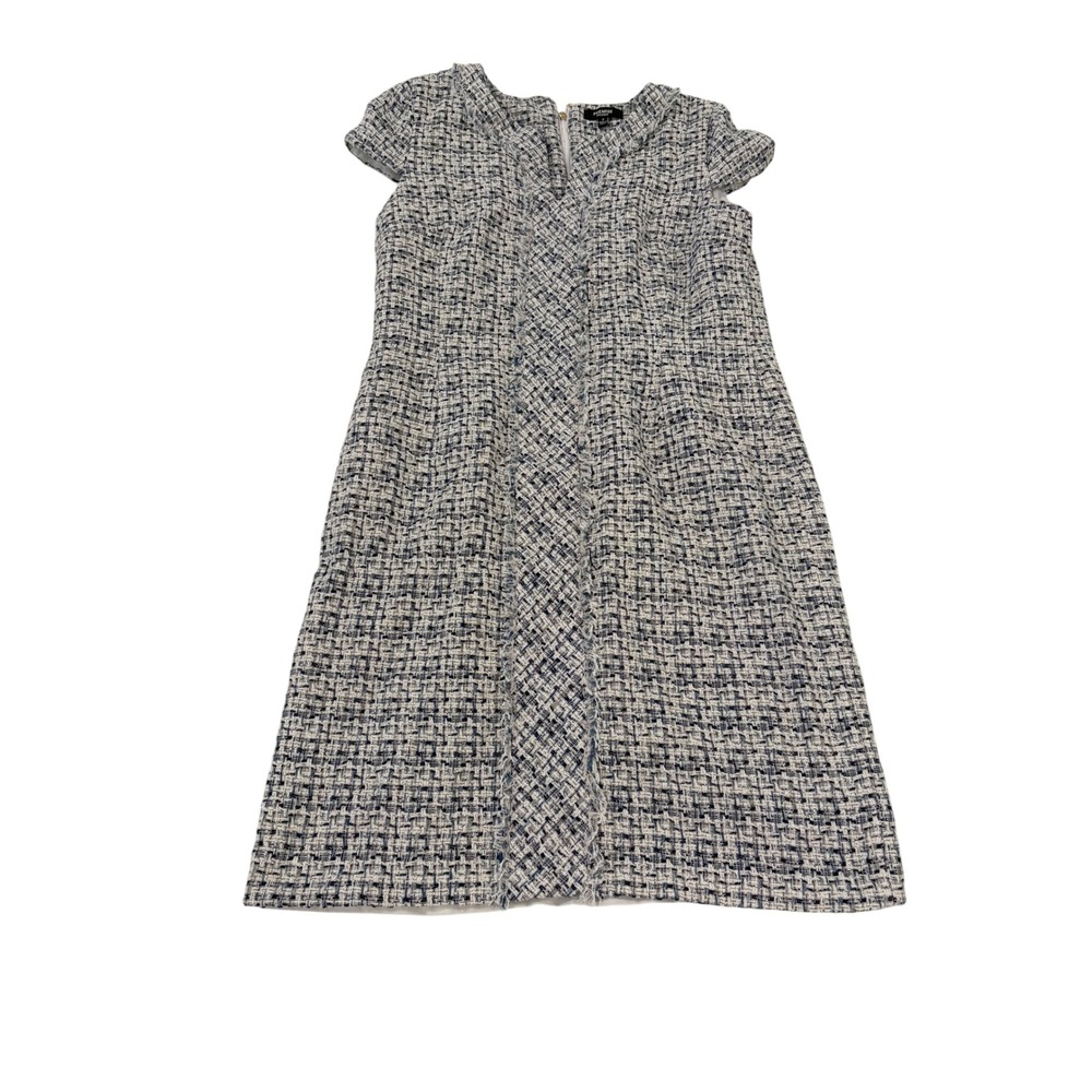 Premise Dresses Blue White Tweed Fringed Sheath Dress Size 8 Short Sleeve V-Neck